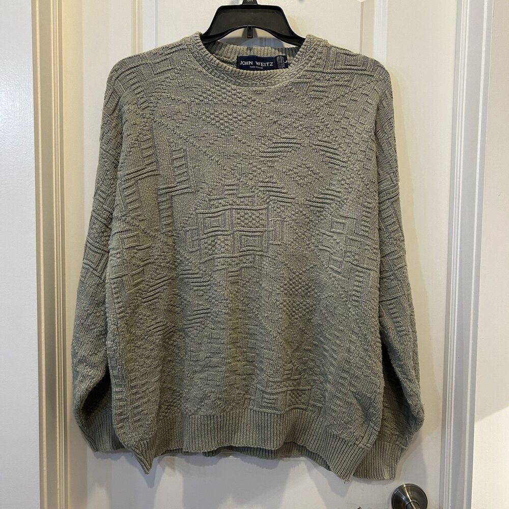 John Weitz Vintage 90s 3D Knit Sweater Large L Cotton Green Grandpacore Crewneck